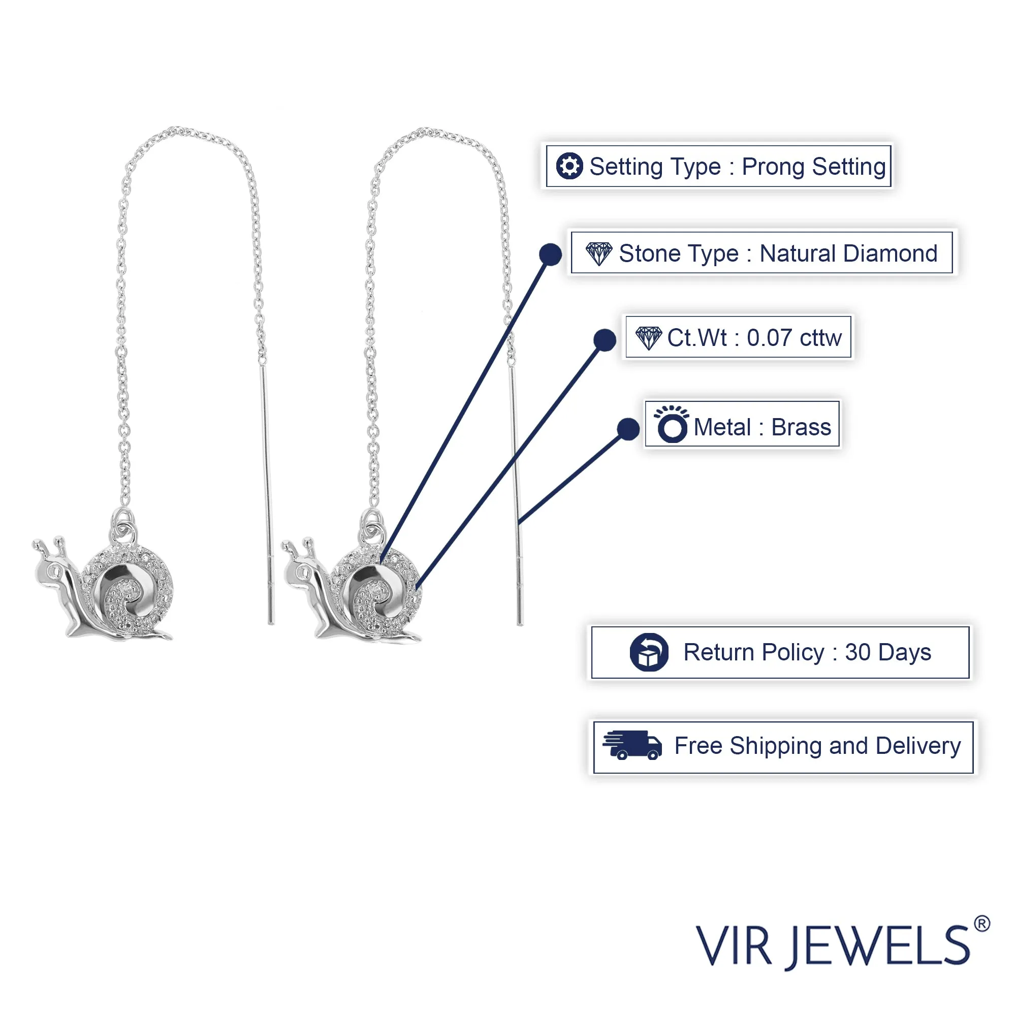 0.07 cttw Diamond Dangle Threader Earrings Brass With Rhodium Plating Snail