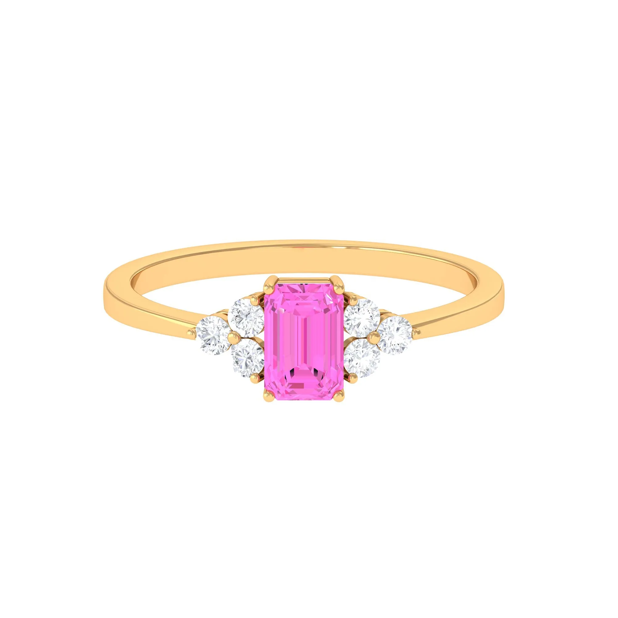 1 CT Emerald Cut Pink Sapphire Solitaire Engagement Ring with Diamond Trio