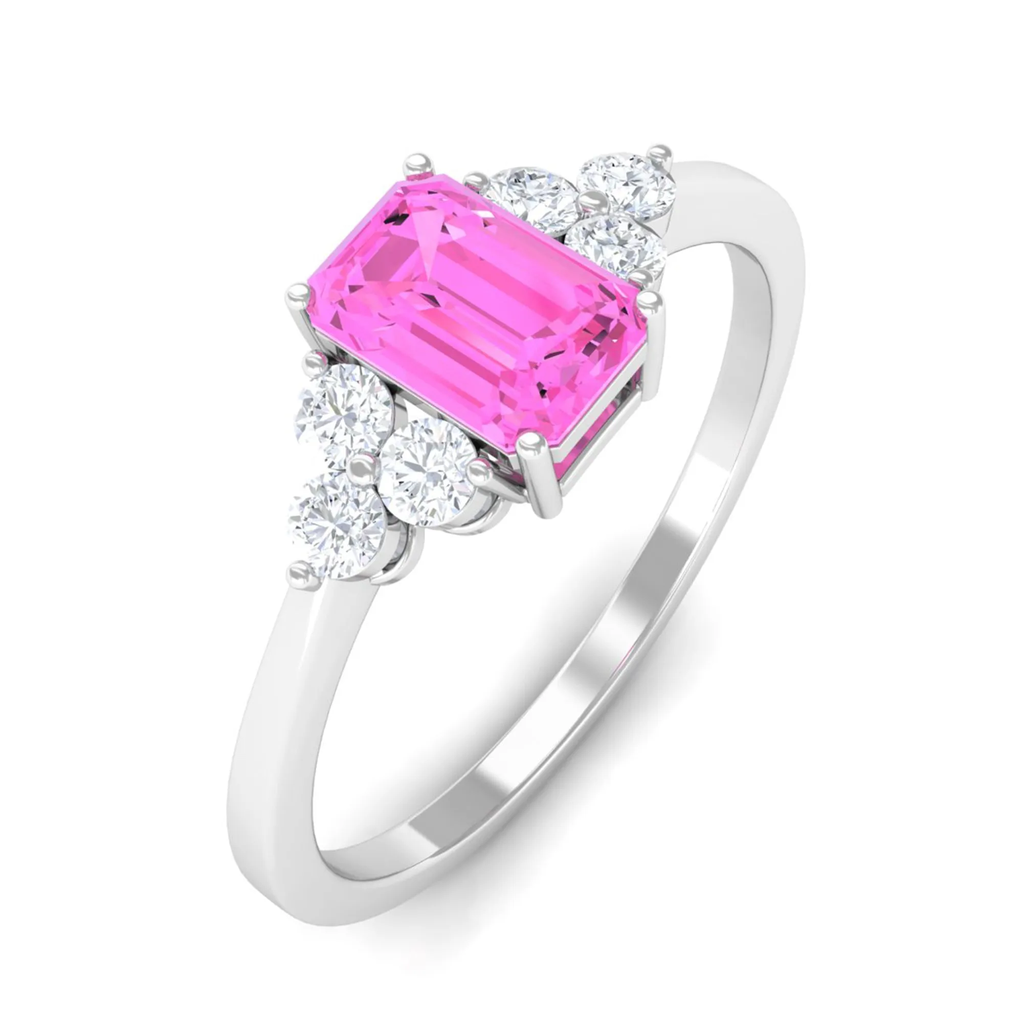 1 CT Emerald Cut Pink Sapphire Solitaire Engagement Ring with Diamond Trio