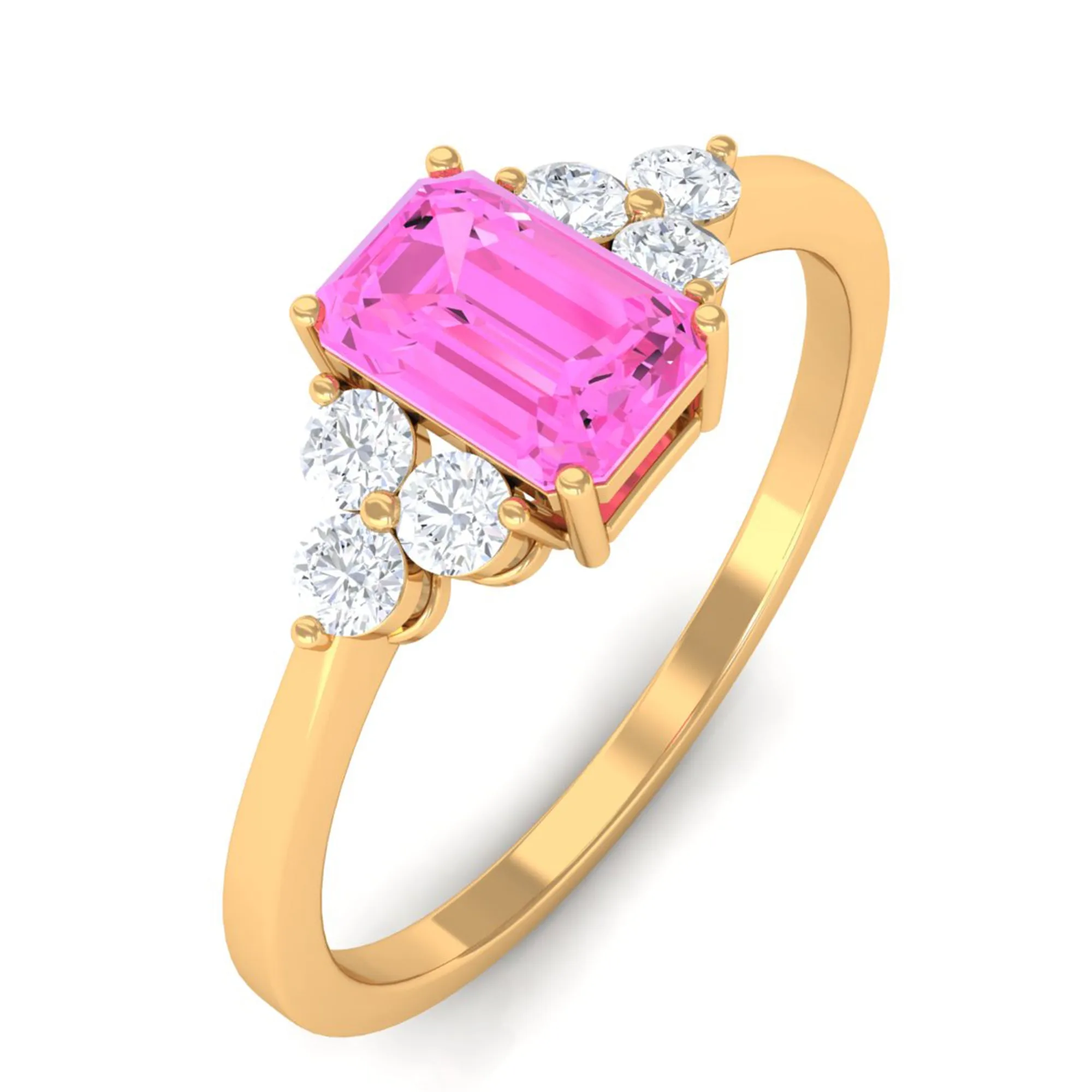 1 CT Emerald Cut Pink Sapphire Solitaire Engagement Ring with Diamond Trio