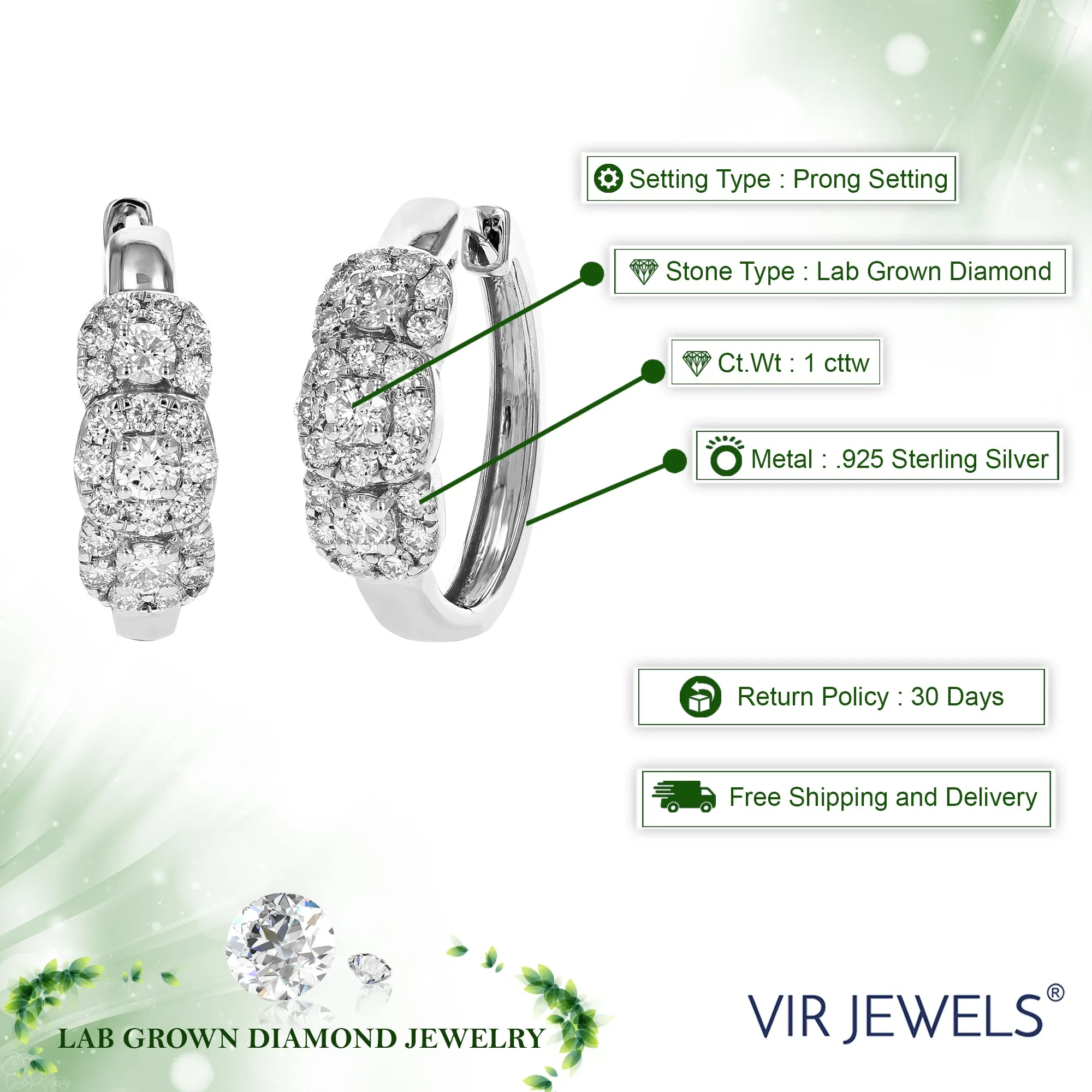 1 cttw 46 Stones SI2-I1 Clarity Lab Grown Diamond Hoop Earrings .925 Sterling Silver Round Cut Prong Set