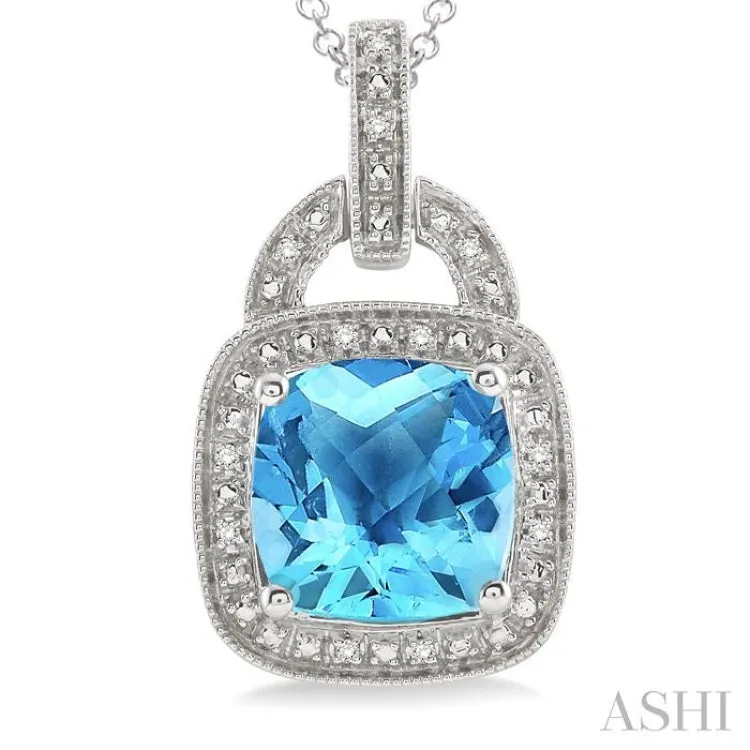 10x10 MM Cushion Shape Blue Topaz and 1/20 Ctw Single Cut Diamond Pendant in Sterling Silver with Chain