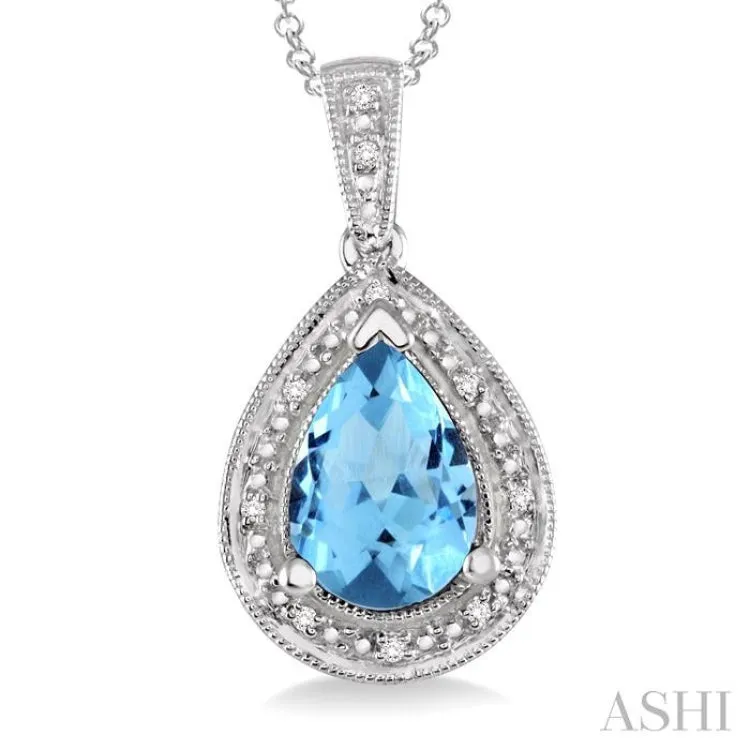 10x7 MM Pear Shape Blue Topaz and 1/20 Ctw Single Cut Diamond Pendant in Sterling Silver with chain