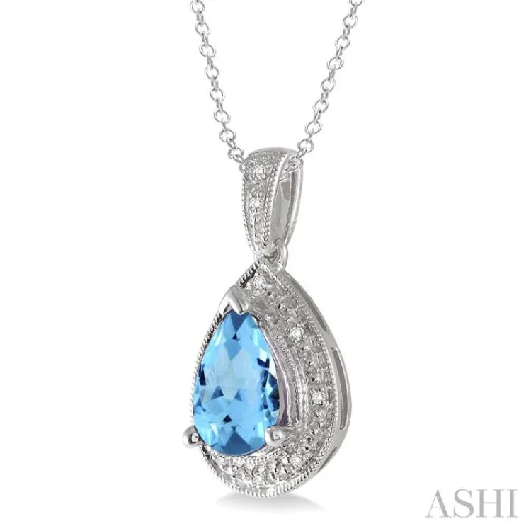 10x7 MM Pear Shape Blue Topaz and 1/20 Ctw Single Cut Diamond Pendant in Sterling Silver with chain