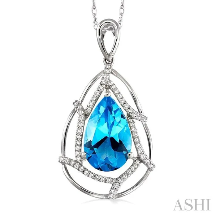 10x7mm Pear Shape Blue Topaz and 1/5 Ctw Round Cut Diamond Pendant in 14K White Gold with Chain