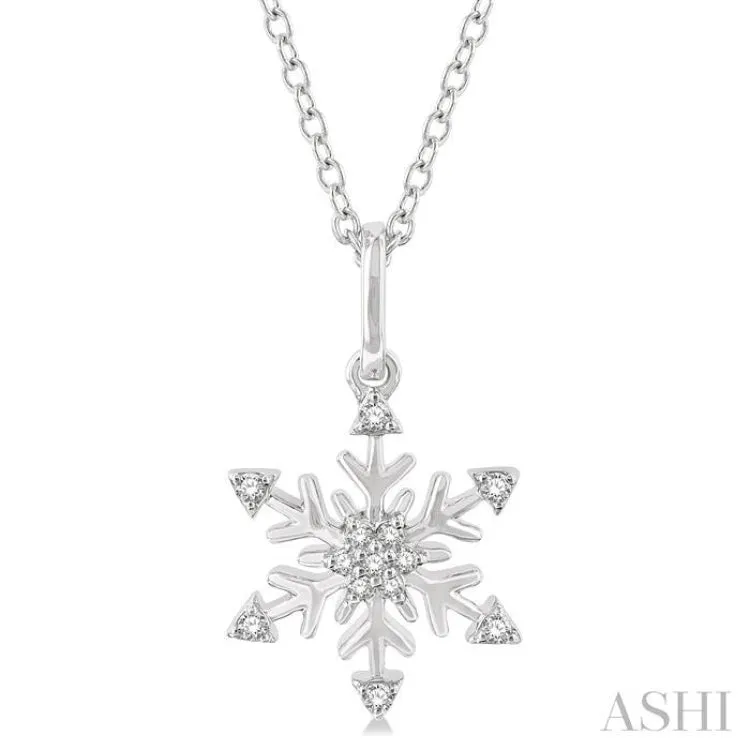 1/10 ctw Petite Snowflake Round Cut Diamond Fashion Pendant With Chain in 10K White Gold