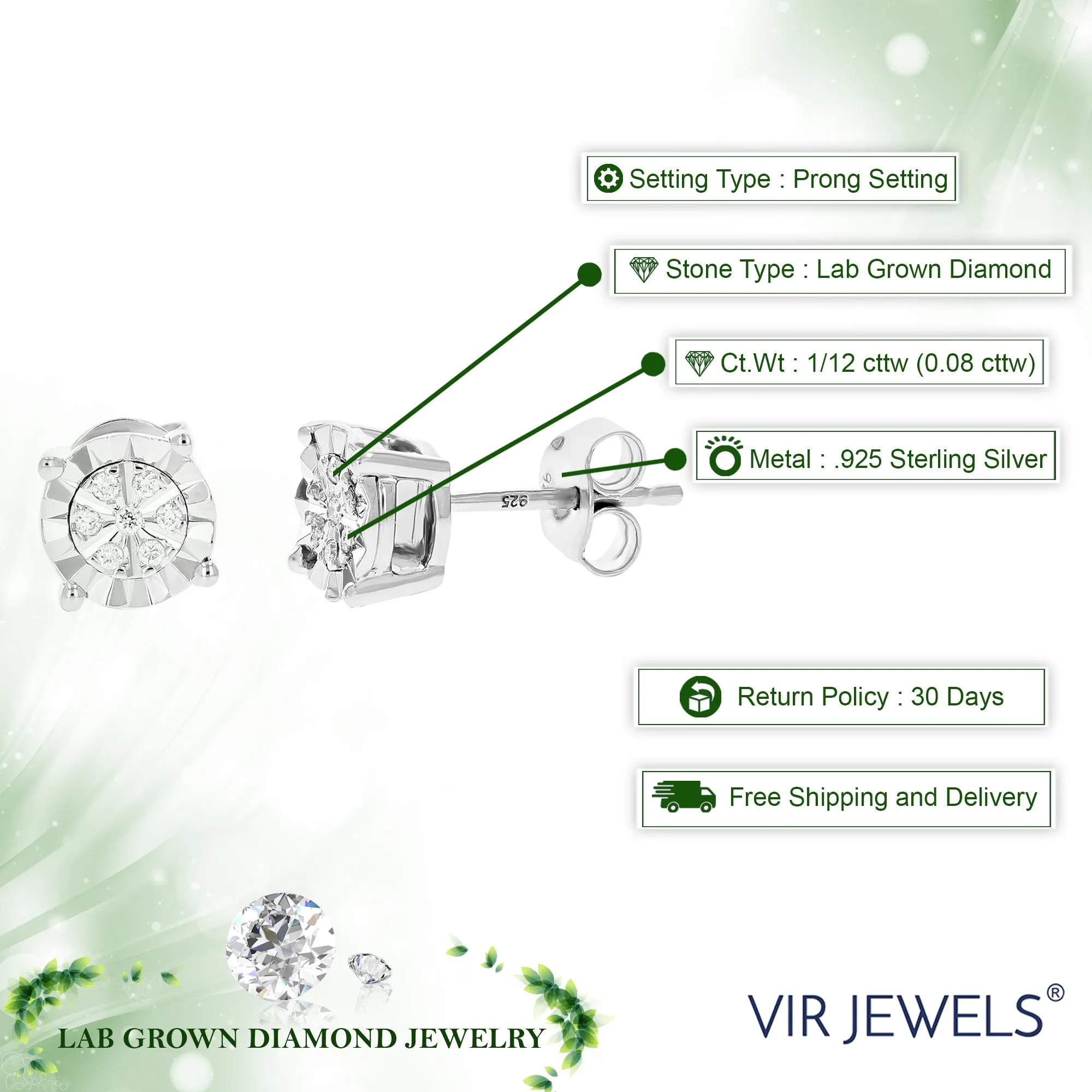 1/12 cttw 14 Stones Round Lab Grown Diamond Studs Earrings .925 Sterling Silver Prong Set