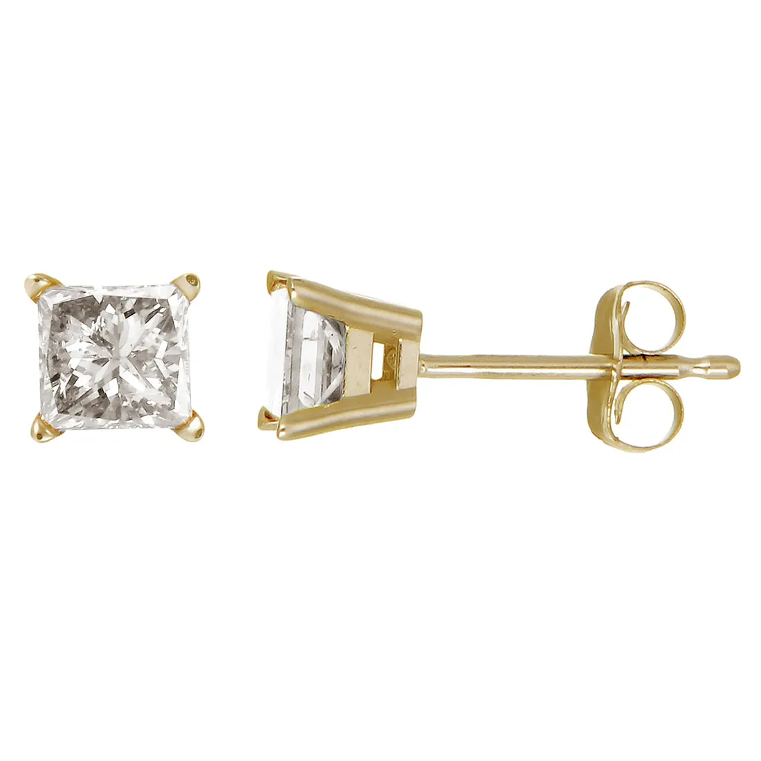 1/2 cttw Princess Cut Diamond Stud Earrings 14K Yellow Gold 4 Prong with Push Backs