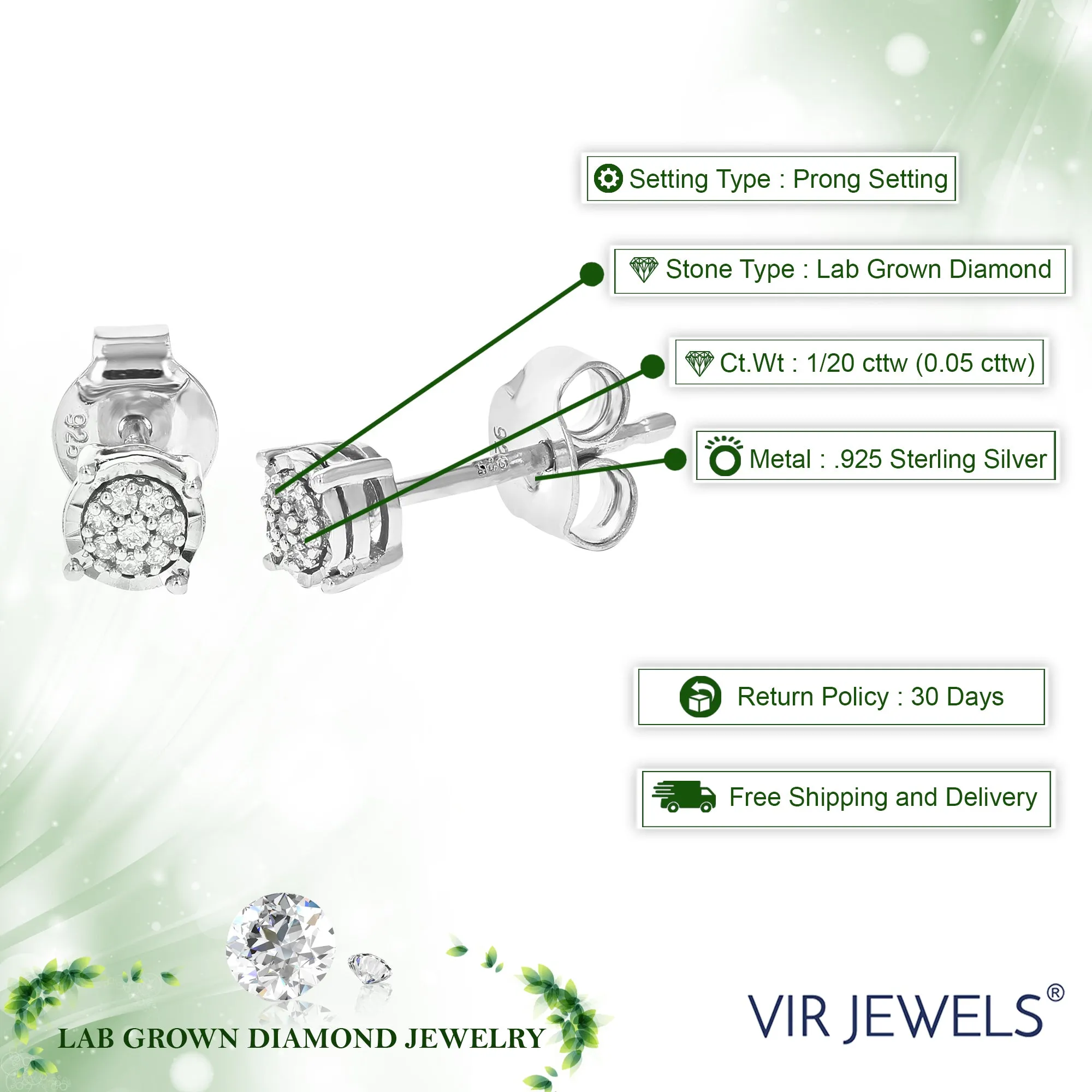 1/20 cttw 16 Stones Round Lab Grown Diamond Studs Earrings .925 Sterling Silver Prong Set Round Shape