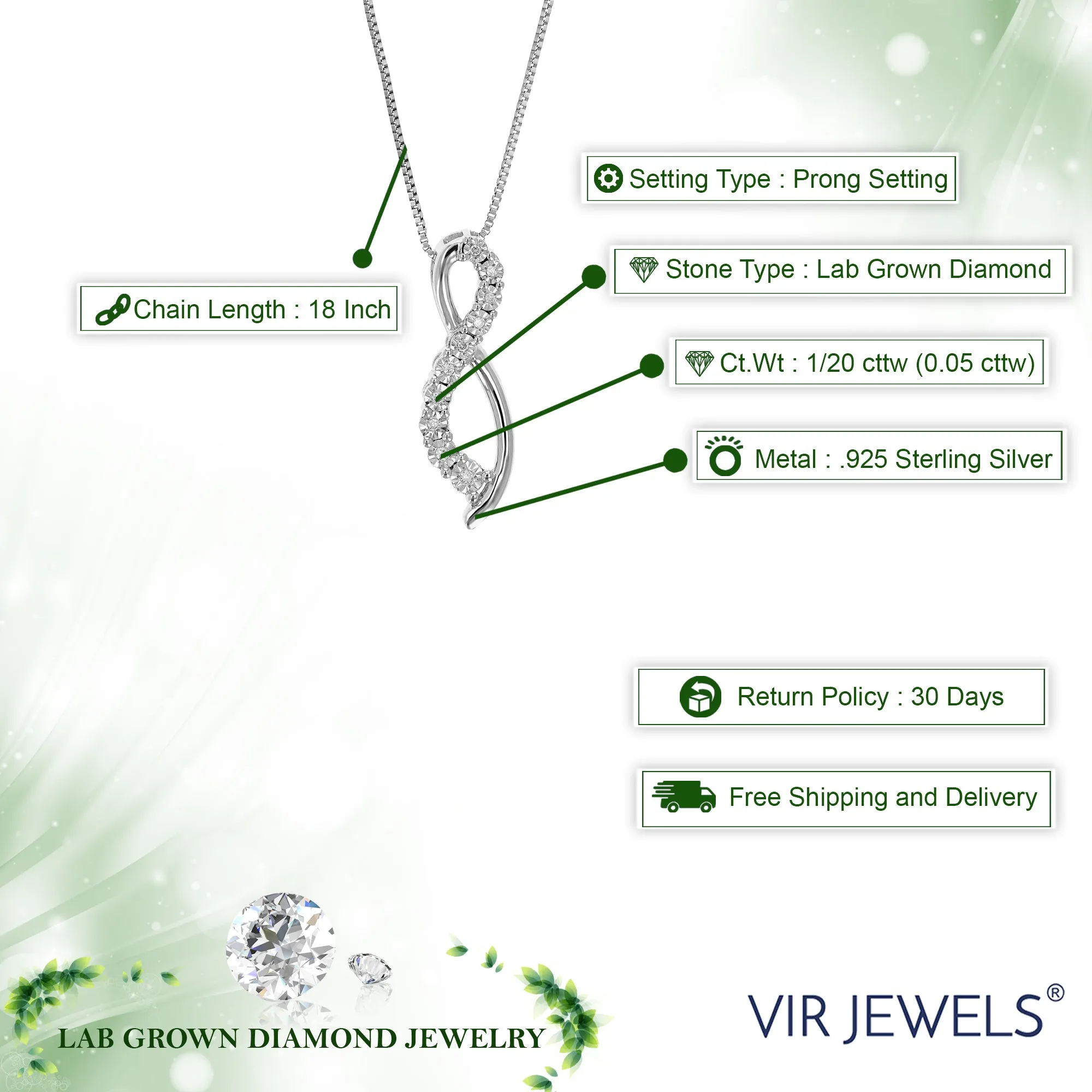 1/20 cttw Lab Grown Diamond Journey Pendant Necklace .925 Sterling Silver 3/4 Inch with 18 Inch Chain, Size 3/4 Inch