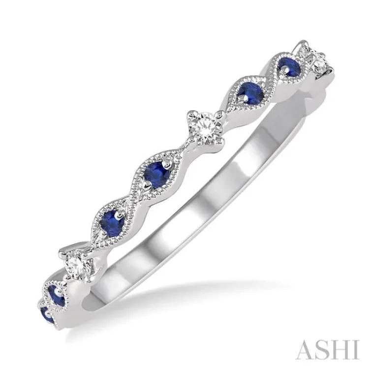 1.25 MM Round Cut Blue Sapphire and 1/20 Ctw Round Cut Diamond Half Eternity Wedding Band in 14K White Gold