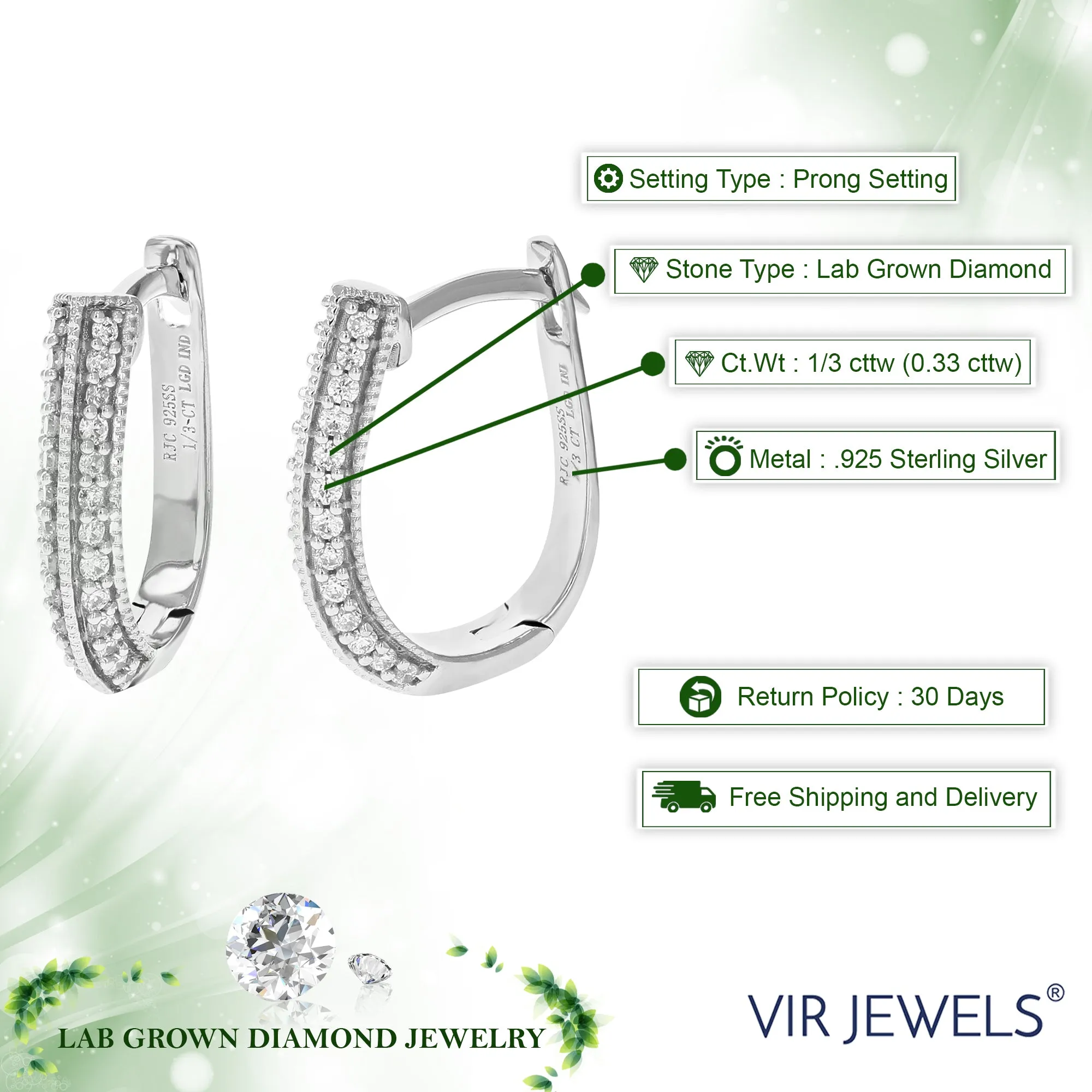 1/3 cttw 52 Stones Round Lab Grown Diamond Hoop Earrings .925 Sterling Silver Prong Set 2/5 Inch