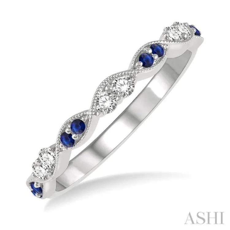 1.35 MM Round Cut Sapphire and 1/5 Ctw Round Cut Diamond Half Eternity Wedding Band in 14K White Gold