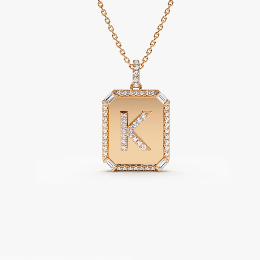 14k Baguette and Round Diamond Tag Initial Necklace