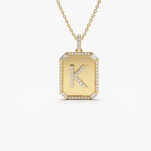 14k Baguette and Round Diamond Tag Initial Necklace