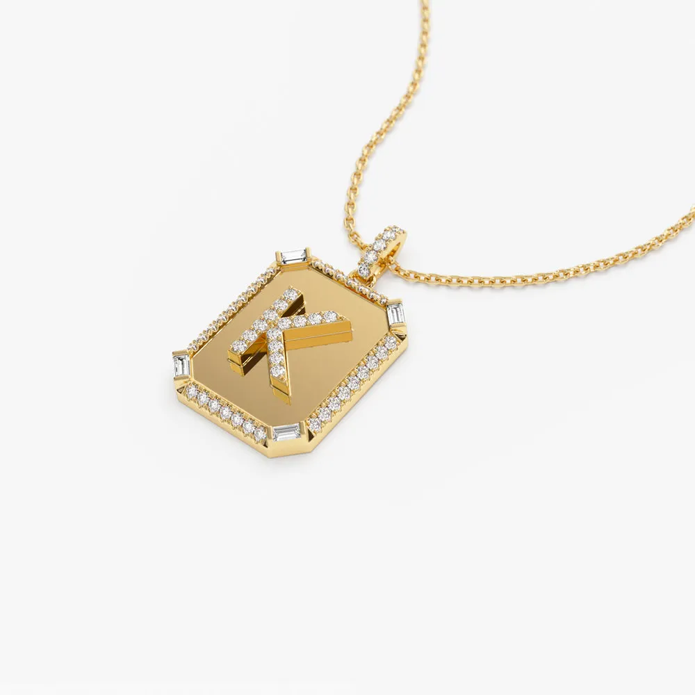 14k Baguette and Round Diamond Tag Initial Necklace