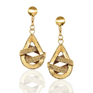 14K Gold Diamond Cut Weaved Teardrop Hanging Earrings