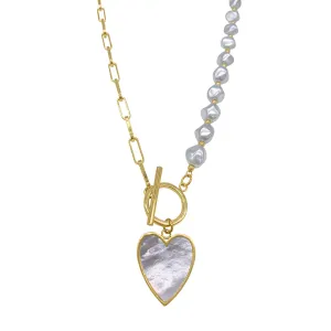 14k Gold Plated Pearl and Chain Heart Toggle Necklace