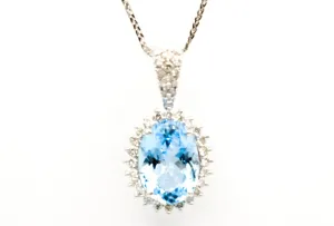 14K White Gold Oval Topaz Pendant With Diamond Halo and Bail