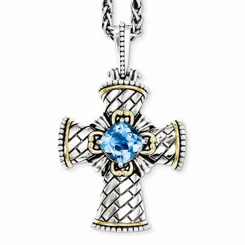 14K Yellow Gold and Silver Swiss Blue Topaz Cross Necklace