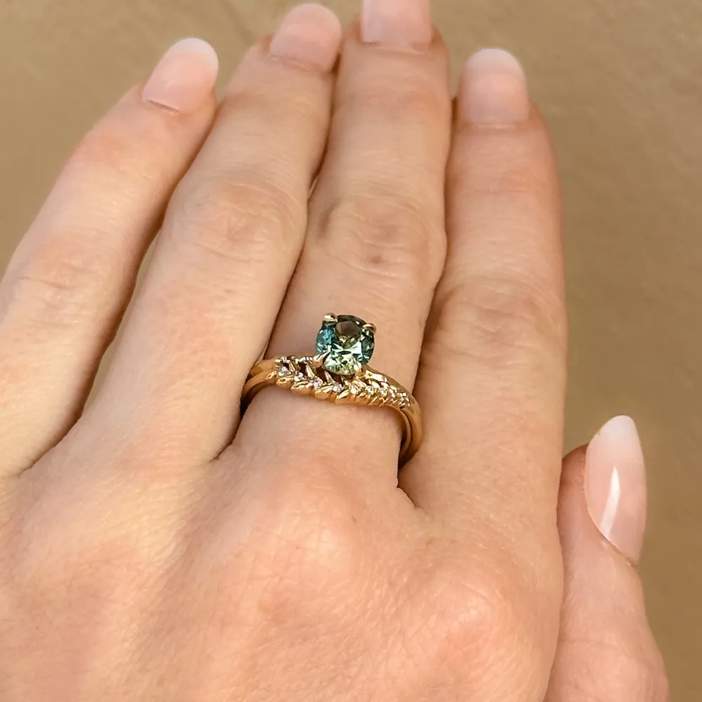 1.52ct Precision Cut Teal Green Oval Montana Sapphire Evergreen Carved Solitaire in 14k Yellow Gold