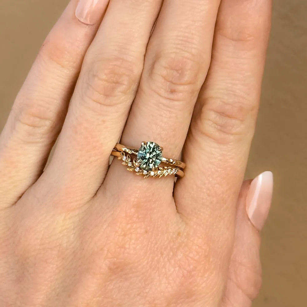 1.52ct Precision Cut Teal Green Oval Montana Sapphire Evergreen Carved Solitaire in 14k Yellow Gold