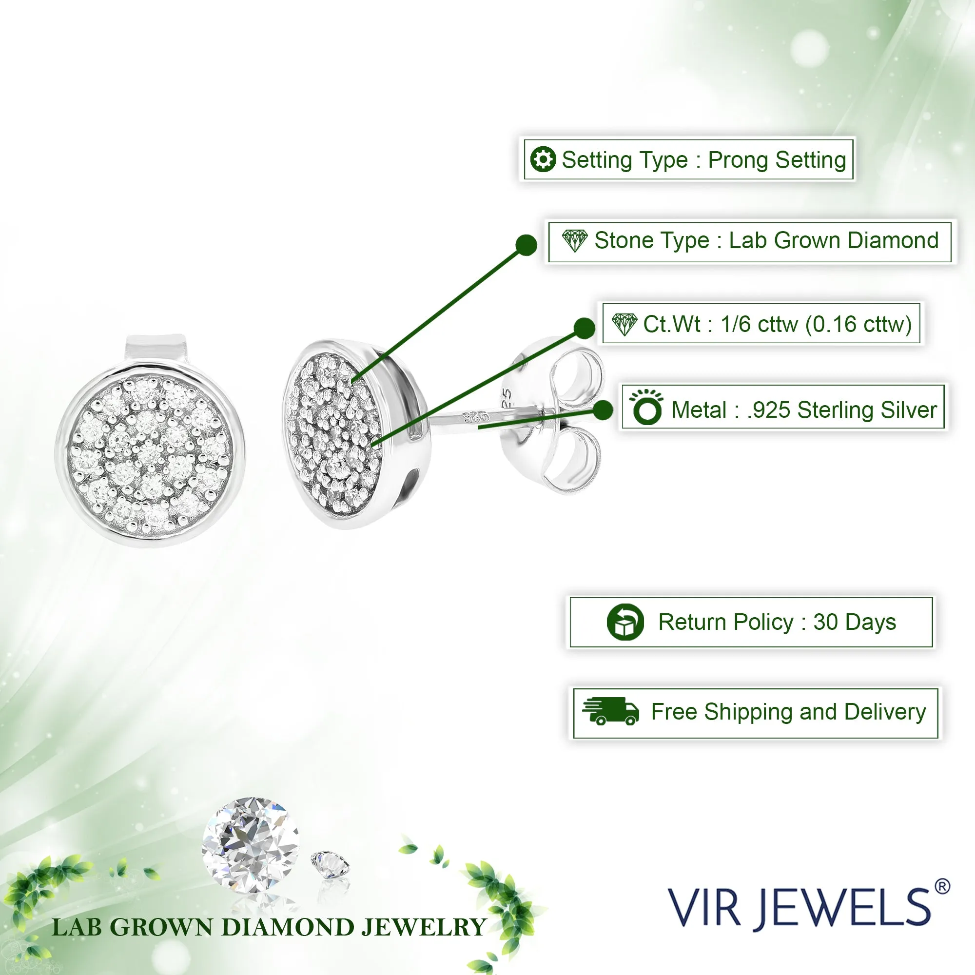 1/6 cttw 38 Stones Round Lab Grown Diamond Studs Earrings .925 Sterling Silver Prong Set 1/3 Inch