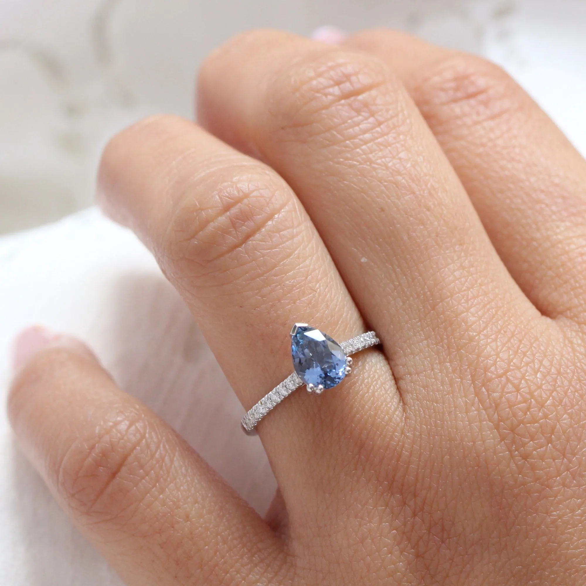 1.65 Ct Pear Aqua Blue Sapphire Diamond Ring in 14k White Gold Grace Solitaire, Size 6.5