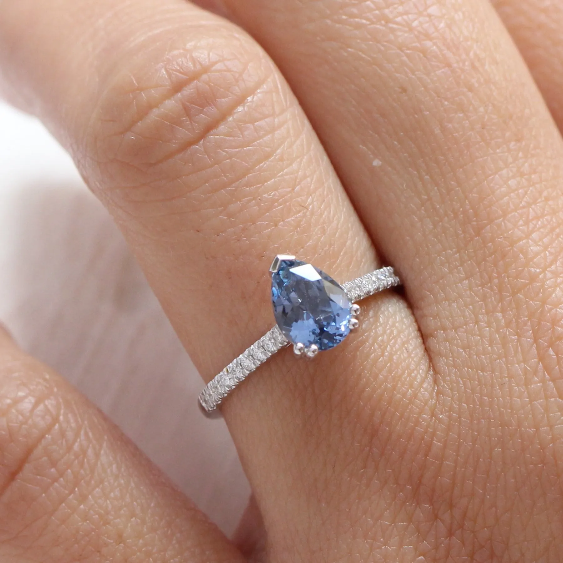 1.65 Ct Pear Aqua Blue Sapphire Diamond Ring in 14k White Gold Grace Solitaire, Size 6.5