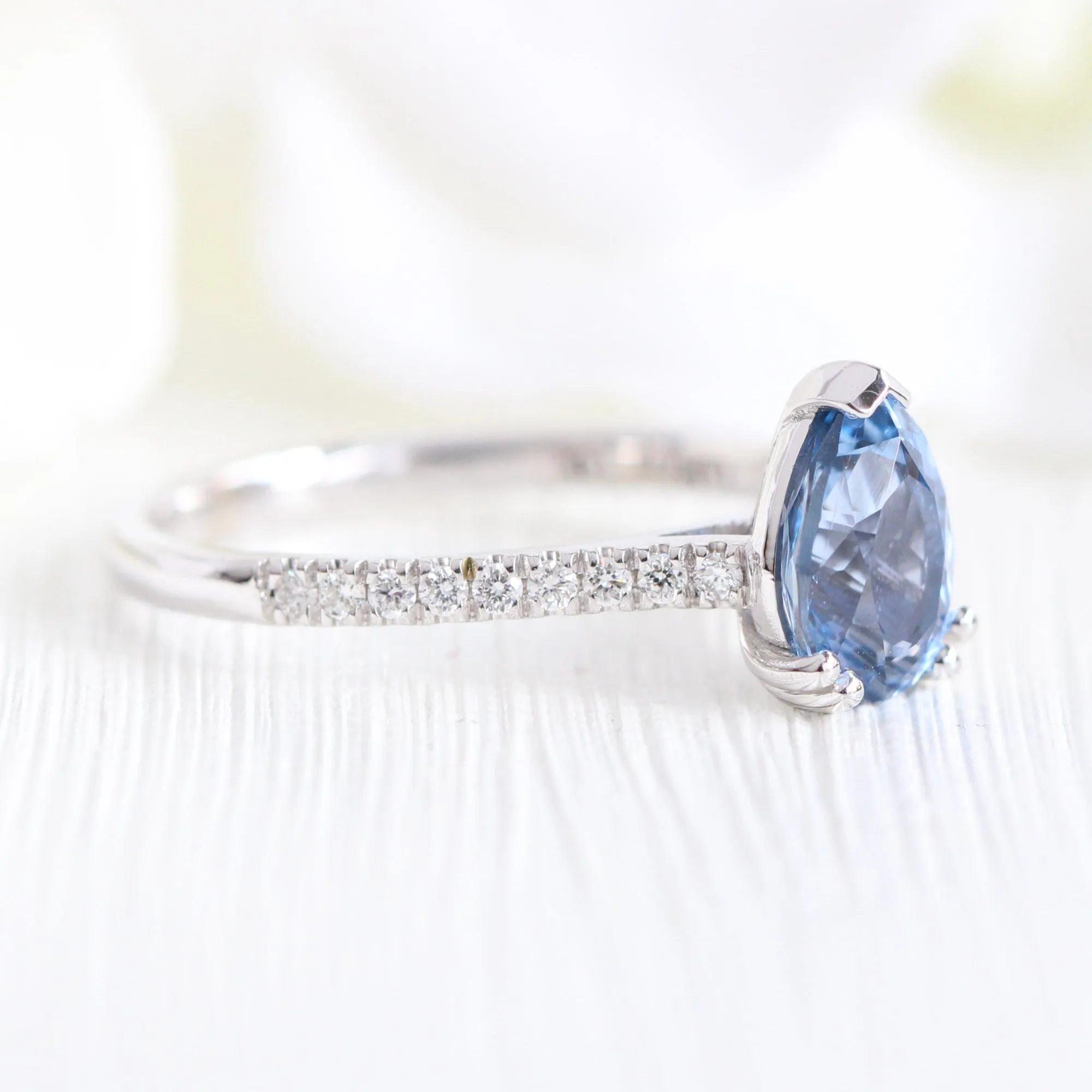 1.65 Ct Pear Aqua Blue Sapphire Diamond Ring in 14k White Gold Grace Solitaire, Size 6.5