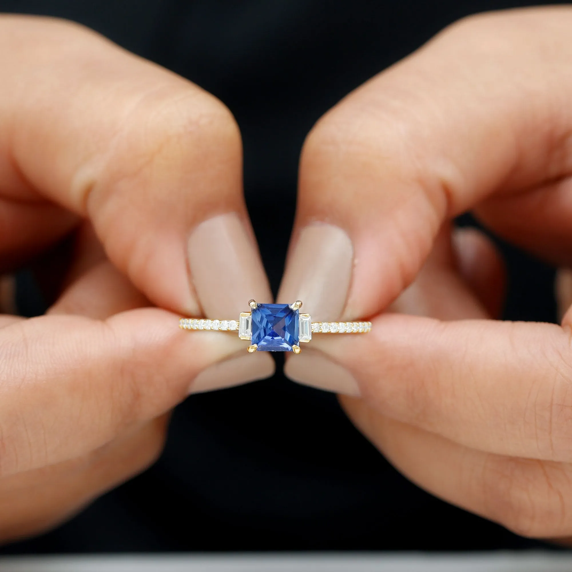 2 CT Princess Cut Created Blue Sapphire Promise Ring with Diamond Side Stones