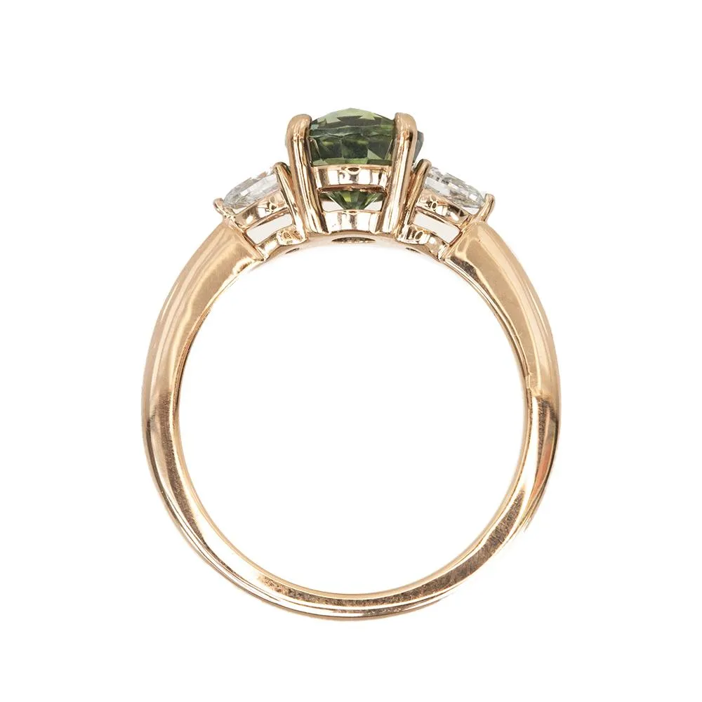 2.05ct Round Unheated Teal Green Sapphire With Pear Diamond Side Stones in 14k Rose Gold