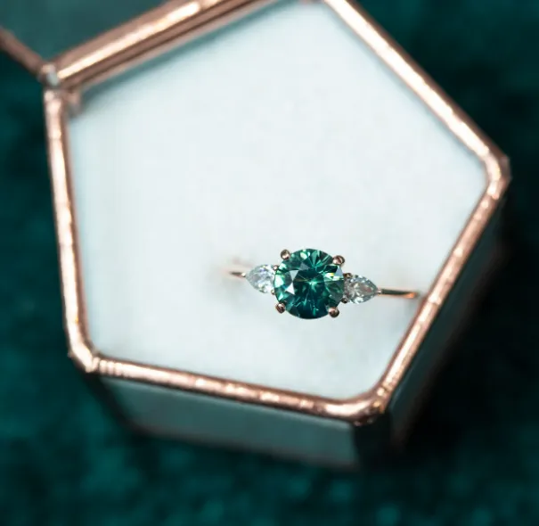 2.05ct Round Unheated Teal Green Sapphire With Pear Diamond Side Stones in 14k Rose Gold