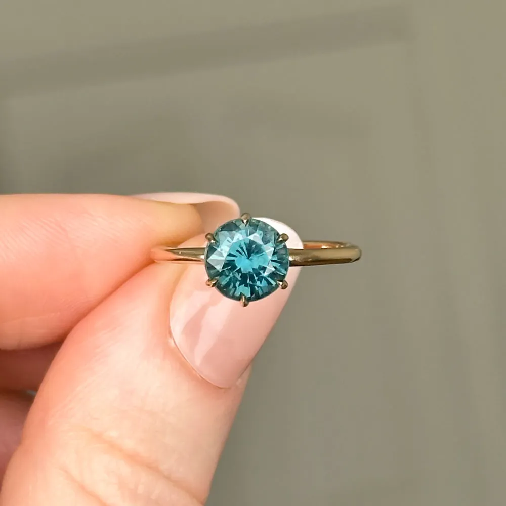 2.22ct Teal Round Madagascar Sapphire Lotus Solitaire in 14k Yellow Gold