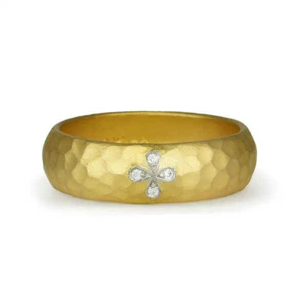 22K Gold Hammered Ring with Four-Petal Inlay