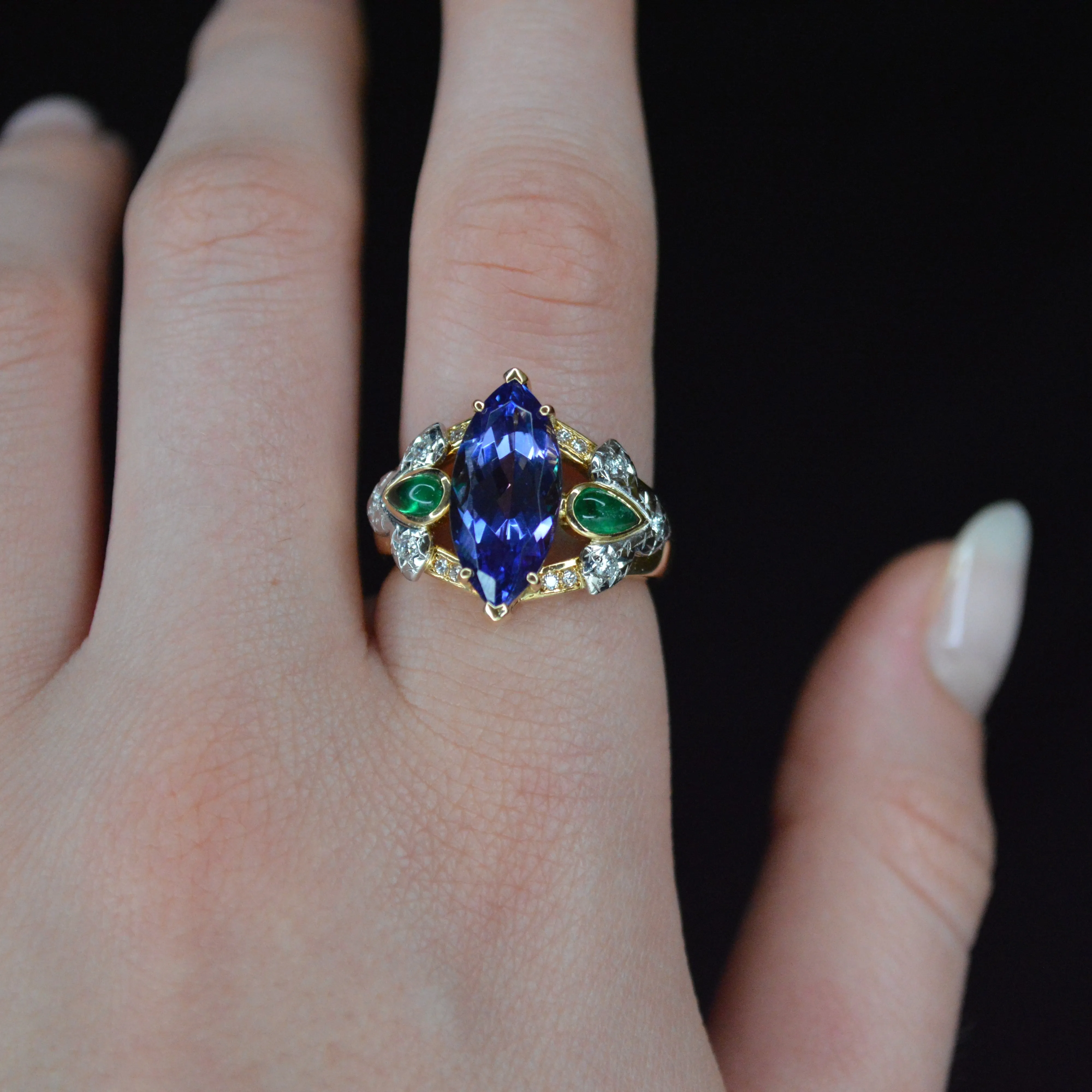 4.58ct Diamond Tanzanite Emerald 18K Gold Platinum Marquise Ring