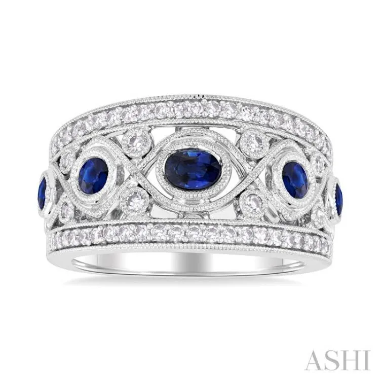 4X3MM Oval, 2.8MM and 2.4MM Round Cut Sapphire and 3/8 ctw Crisscross Framework Single Cut Diamond Precious Band in 14K White Gold