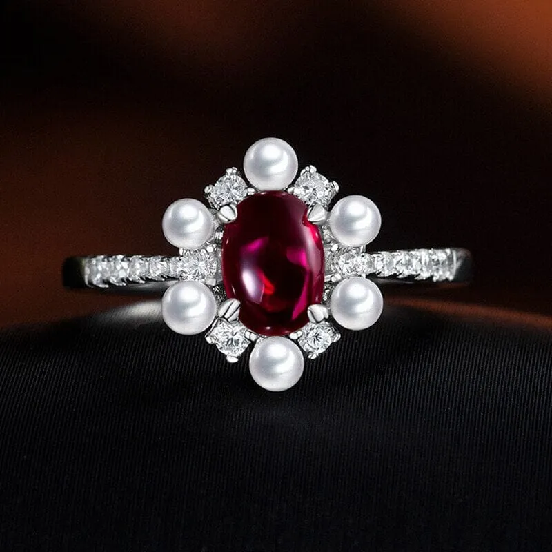 5*7mm 1CT Oval Cut Emerald, Ruby & Sapphire with Pearls Solid 925 Silver Ring