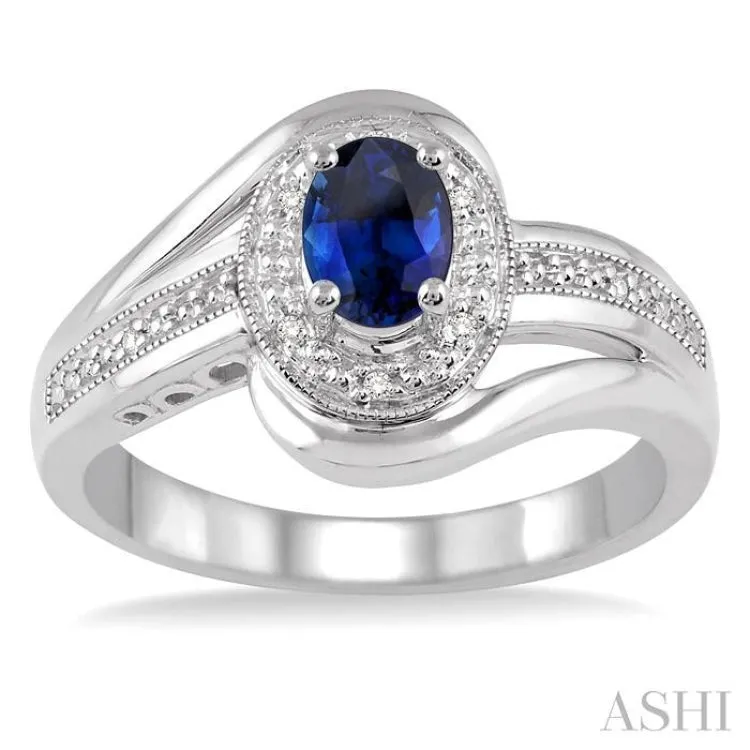 6x4 MM Oval Cut Sapphire and 1/50 Ctw Round Cut Diamond Ring in Sterling Silver