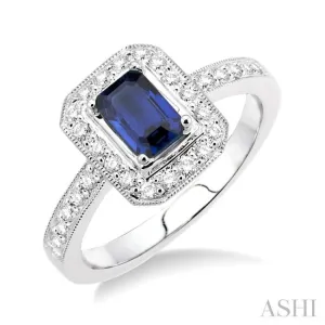 6x4MM Octagon Cut Sapphire and 1/3 Ctw Round Cut Diamond Precious Ring in 18K White Gold