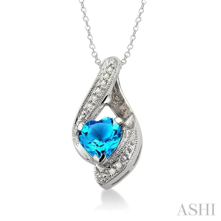 7x7MM Heart Shape Blue Topaz and 1/20 Ctw Single Cut Diamond Pendant in Sterling Silver with Chain