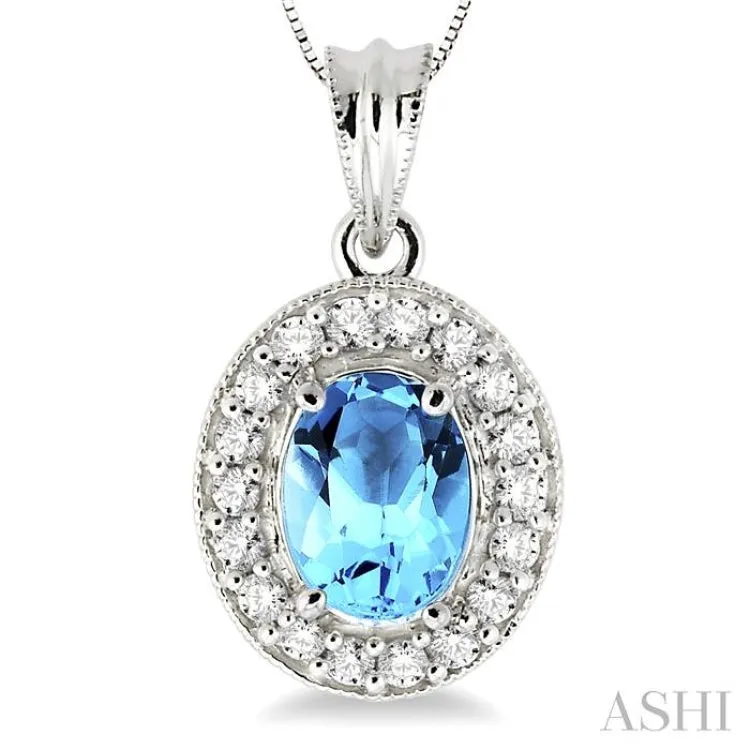 8x6mm Oval Cut Blue Topaz and 1/3 Ctw Round Cut Diamond Pendant in 14K White Gold with Chain