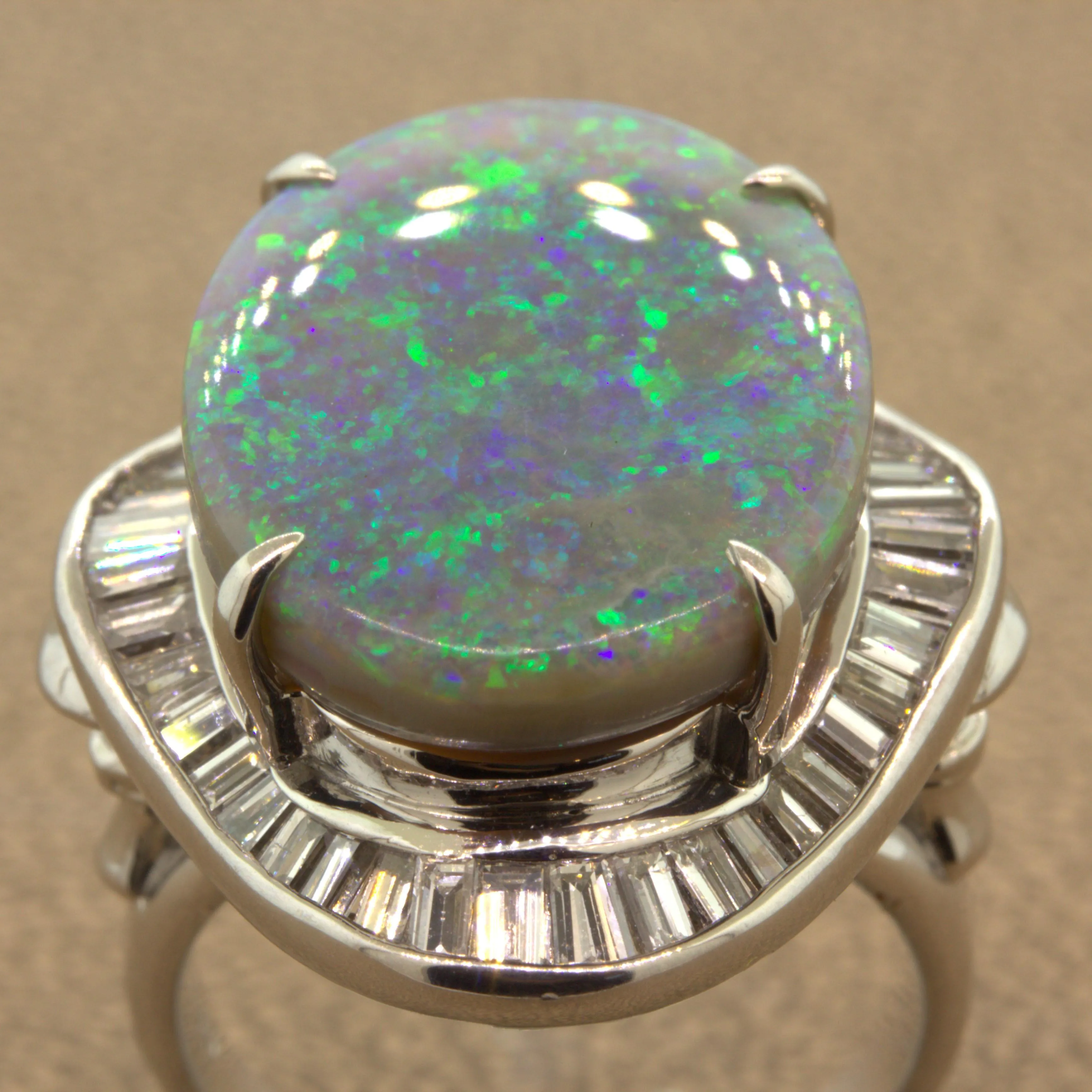 9.30 Carat Australian Black Opal Diamond Platinum Ring