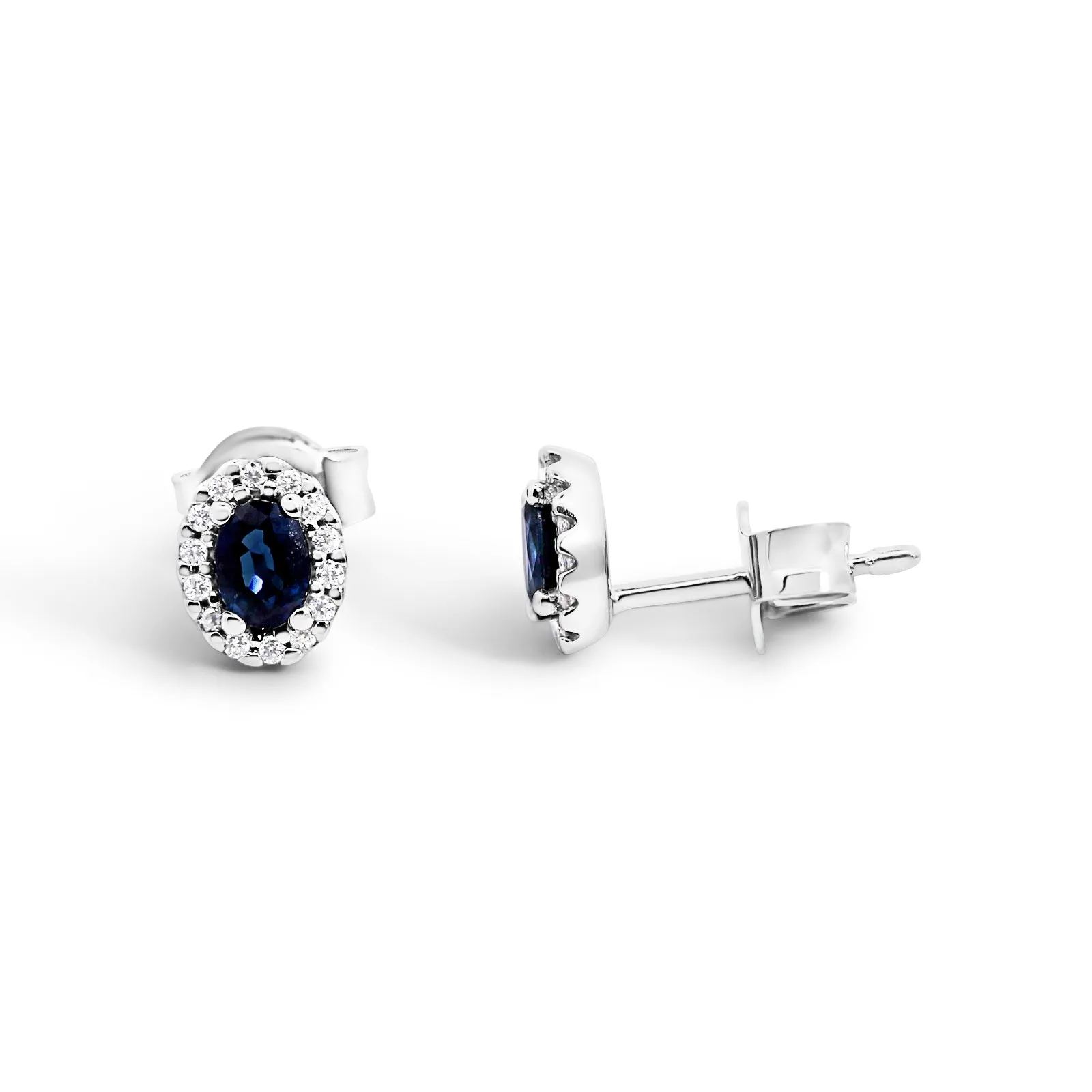 9ct White Gold Oval Sapphire Stud Earrings With Diamond Halo