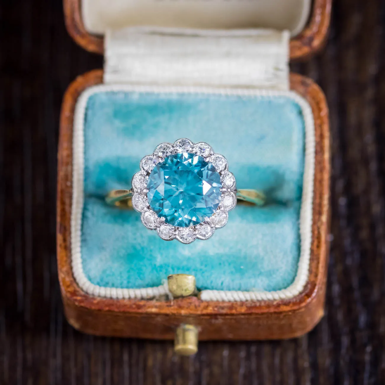 Antique Edwardian Blue Zircon Diamond Cluster Ring 18Ct Gold Platinum 3Ct Zircon Circa 1908