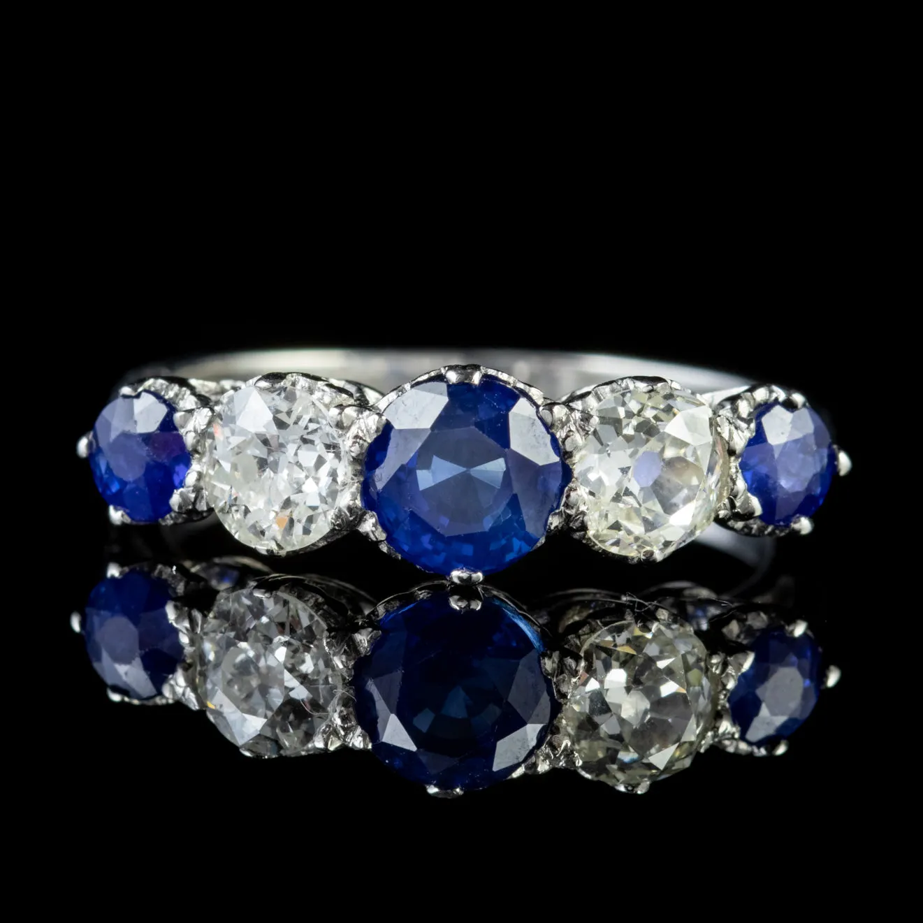 Antique Edwardian Sapphire Diamond Five Stone Ring Platinum Circa 1910