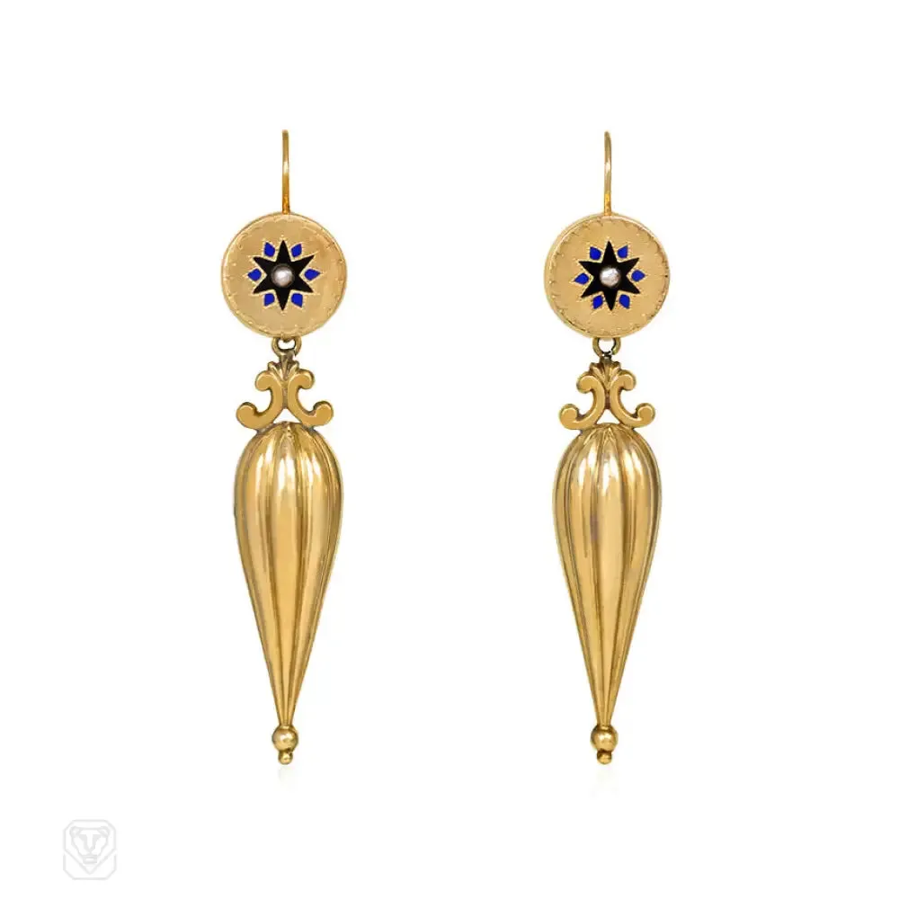 Antique gold and enamel amphora earrings, Russia