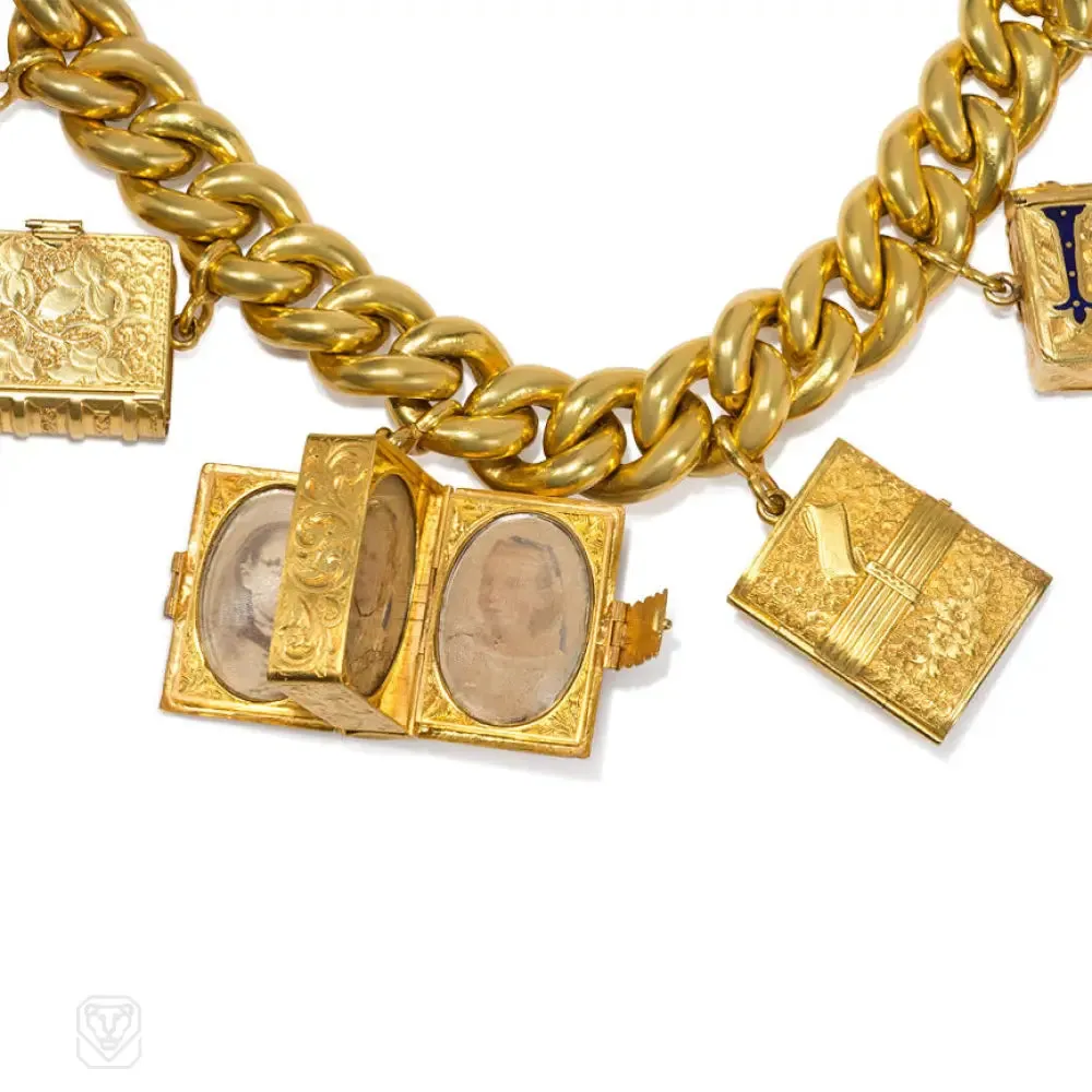 Antique gold charm bracelet with locket pendants