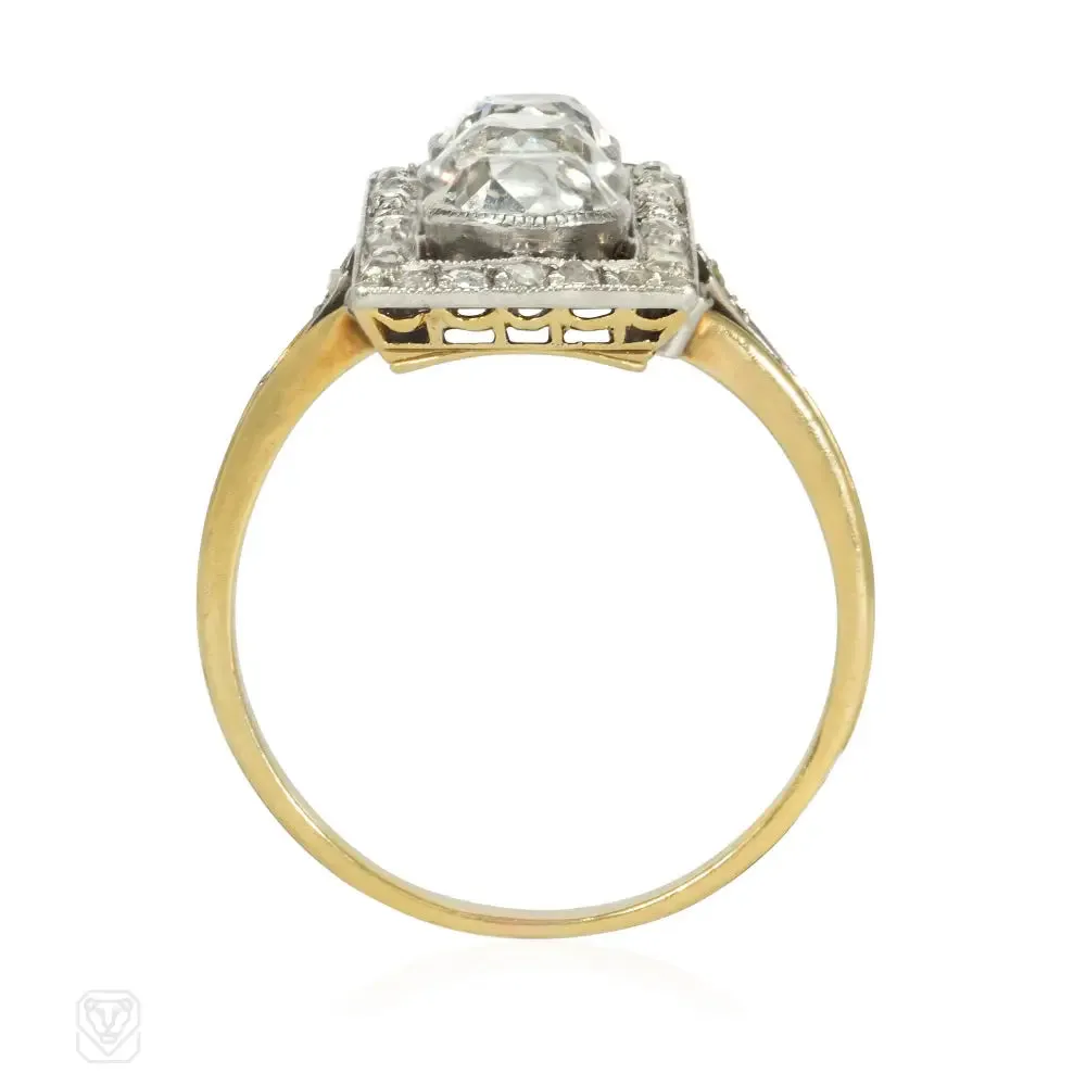 Antique three-stone diamond, platinum, and gold plaque ring