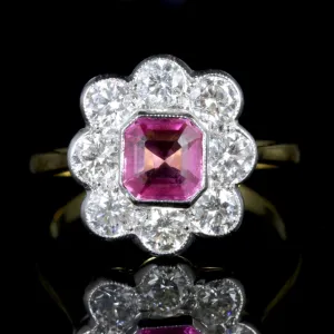 Antique Victorian Pink Sapphire Diamond Ring 18Ct Circa 1900